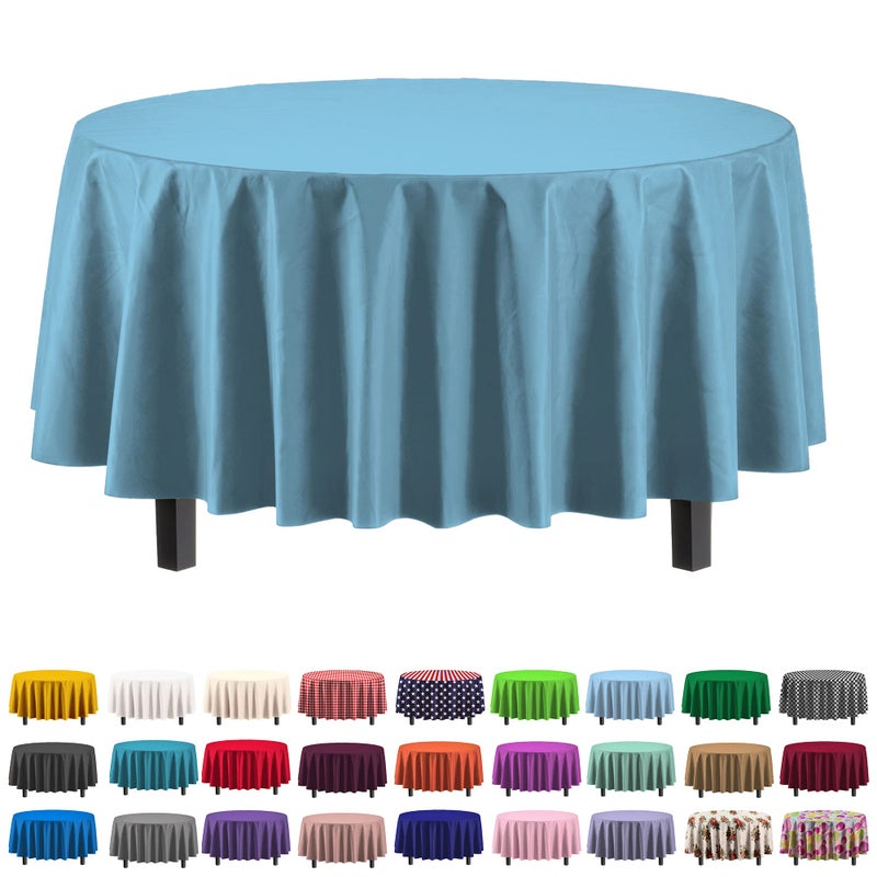 Exquisite 12-Pack Premium Plastic Tablecloth 84in. Round Table Cover - Sky Blue - Image 1
